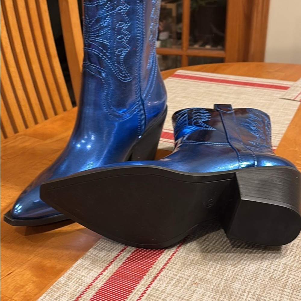 Metallic Blue Western Ankle Boots